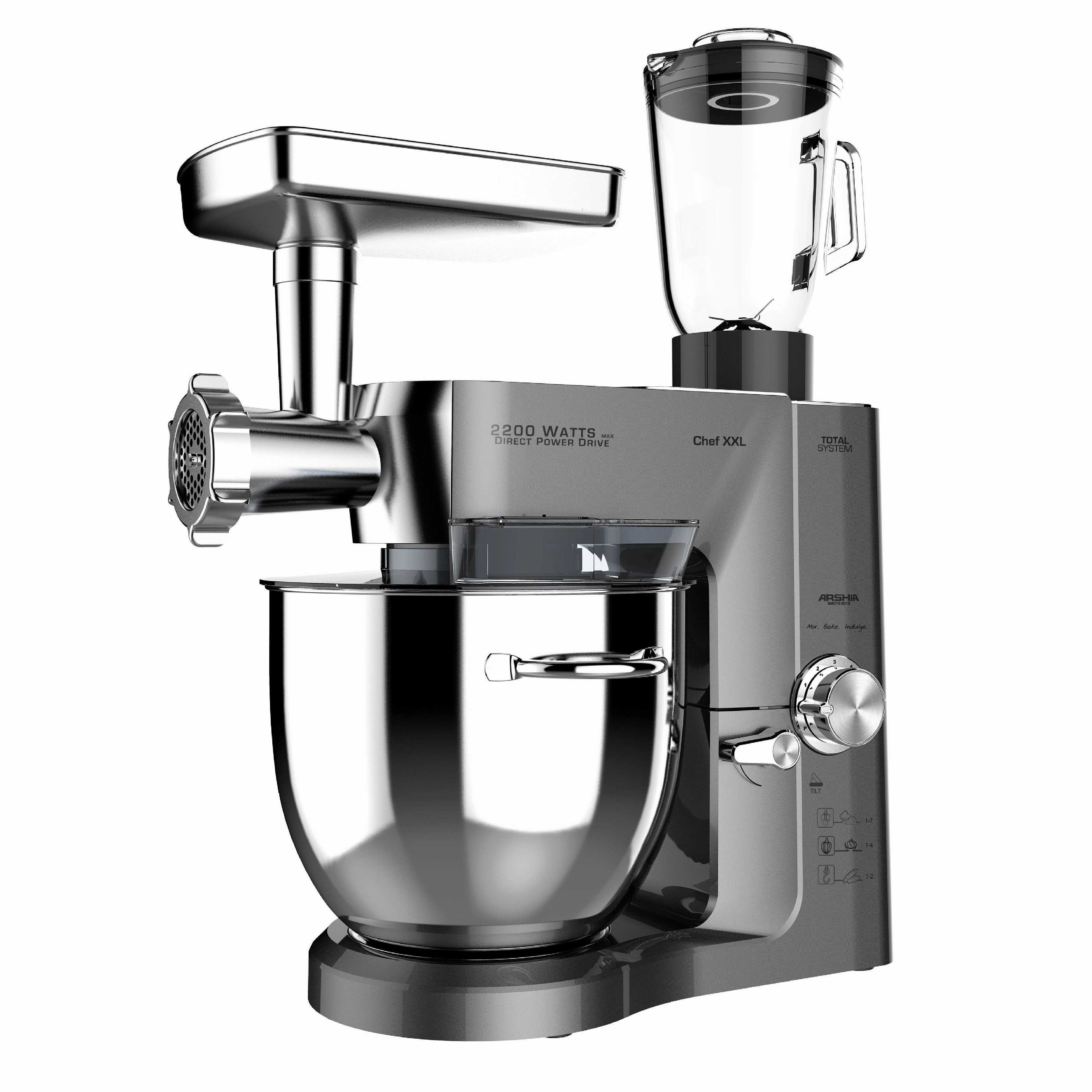 Arshia Stand Mixer Set (3 In 1) 10 Ltr Silver&Steel Robust Motor 2200 Watt 8 Speeds (Meat