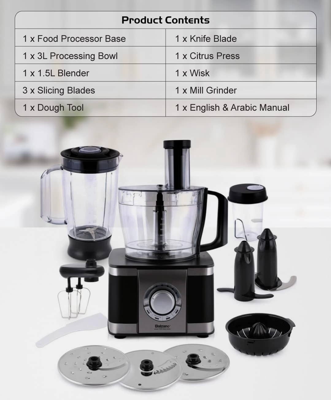 Balzano Food Processor Royal, 12 in 1, 3Lit, 1100Watts, Stainless Steel / Silver