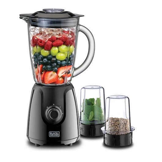 Black & Decker Glass Blender with 2Grinder, 1.5Lit, 400Watts, Black
