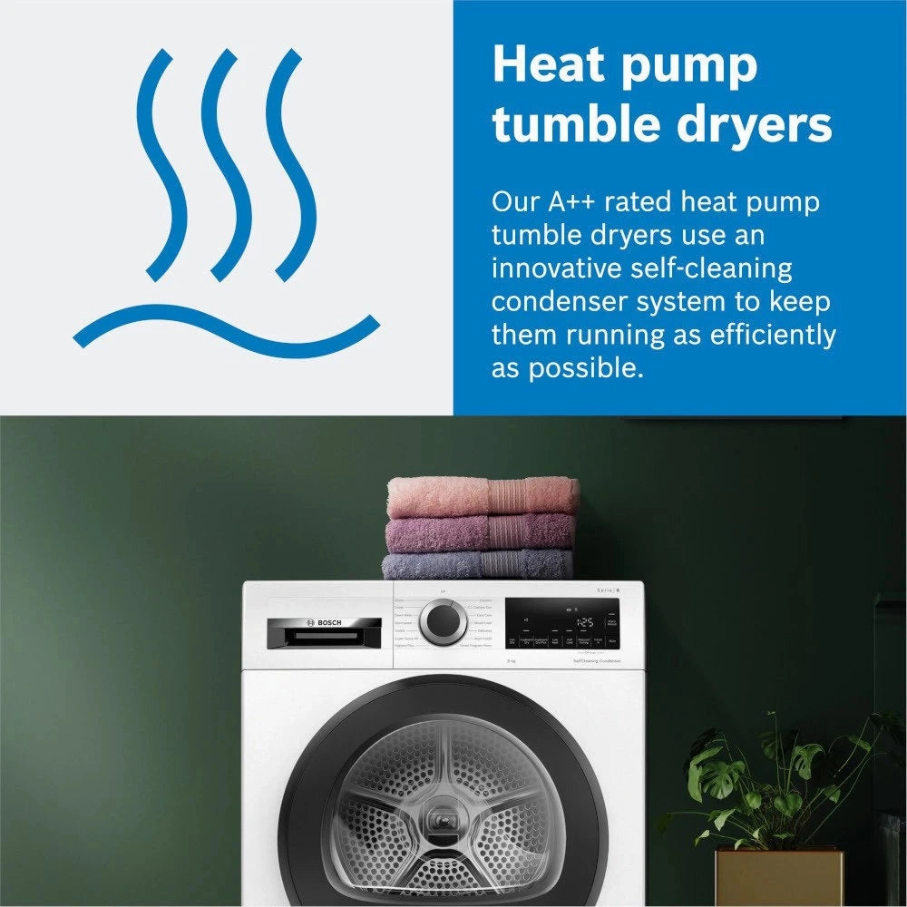 Bosch WQG24509GB Serie 6 9kg Heat Pump Dryer Sensor Dry White 14 Programs