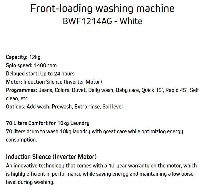 Brandt 12kg Front Load Washing Machine BWF1214AG