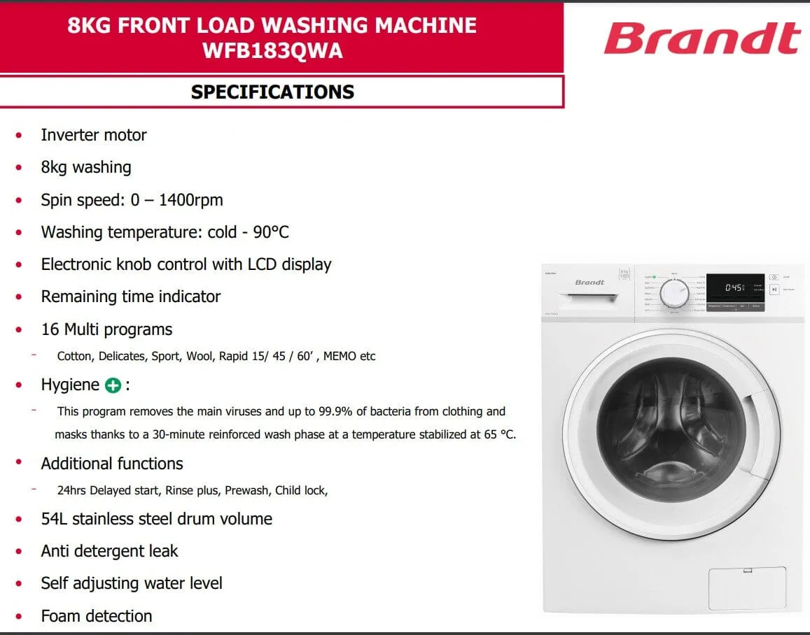 Brandt 8KG Front Load Washing Machine WFB183QWA - White