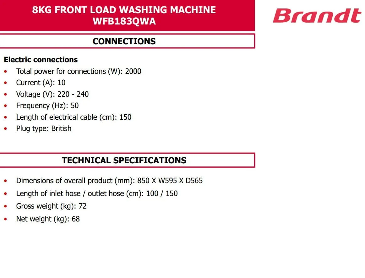 Brandt 8KG Front Load Washing Machine WFB183QWA - White