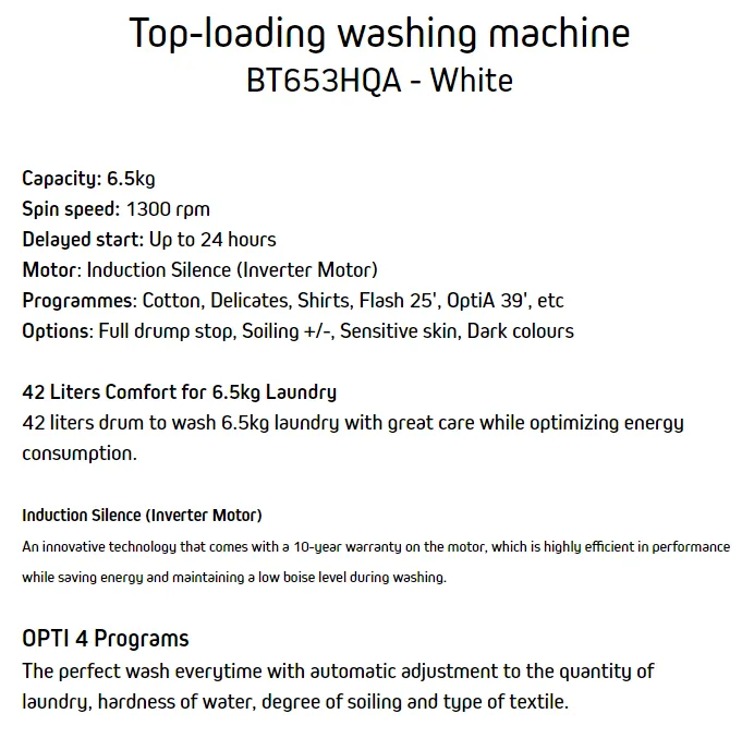 Brandt BT653HQA 6.5kg Top Load Washing Machine
