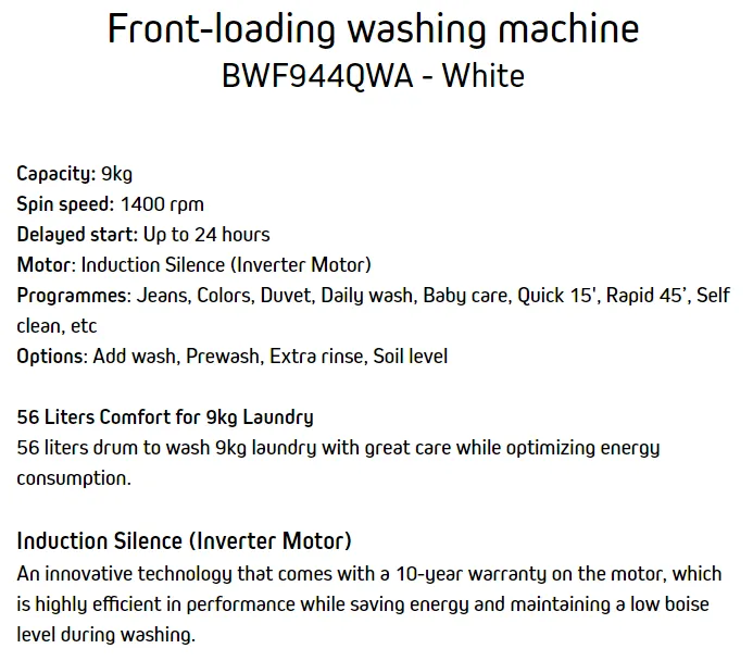 Brandt FRONT-LOADING WASHING MACHINE BWF944QWA