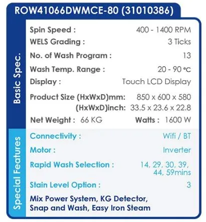 Candy ROW41066DWMCE-80 10/6KG Front Load Washer Dryer