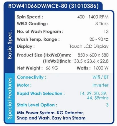 Candy ROW41066DWMCE-80 10/6KG Front Load Washer Dryer