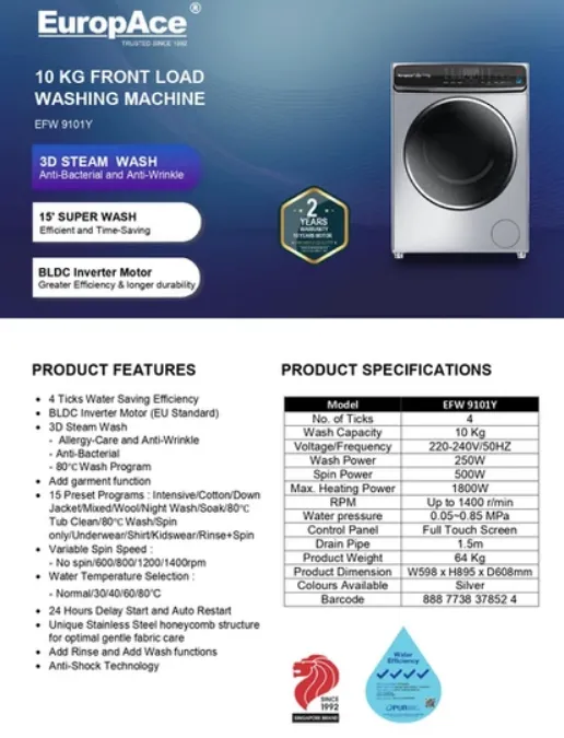 EuropAce EFW 9101Y 10KG Front Load Washing Machine