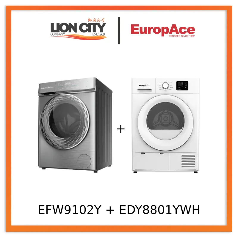 EuropAce EFW 9102Y 10 Kg Front Load Washing Machine   EDY8801YWH Heat Pump Dryer