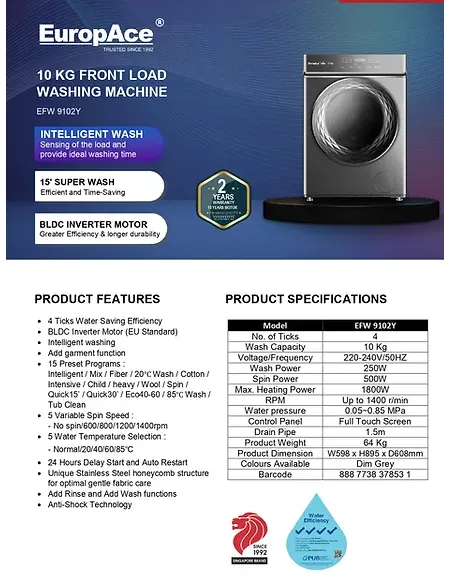 EuropAce EFW 9102Y 10 Kg Front Load Washing Machine EFW9102Y