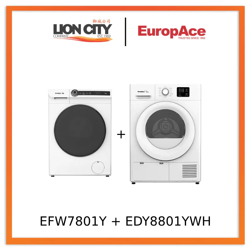 Europace EFW7801Y 3D Steam Front Load Washing Machine 8Kg   EDY8801YWH Heat Pump Dryer