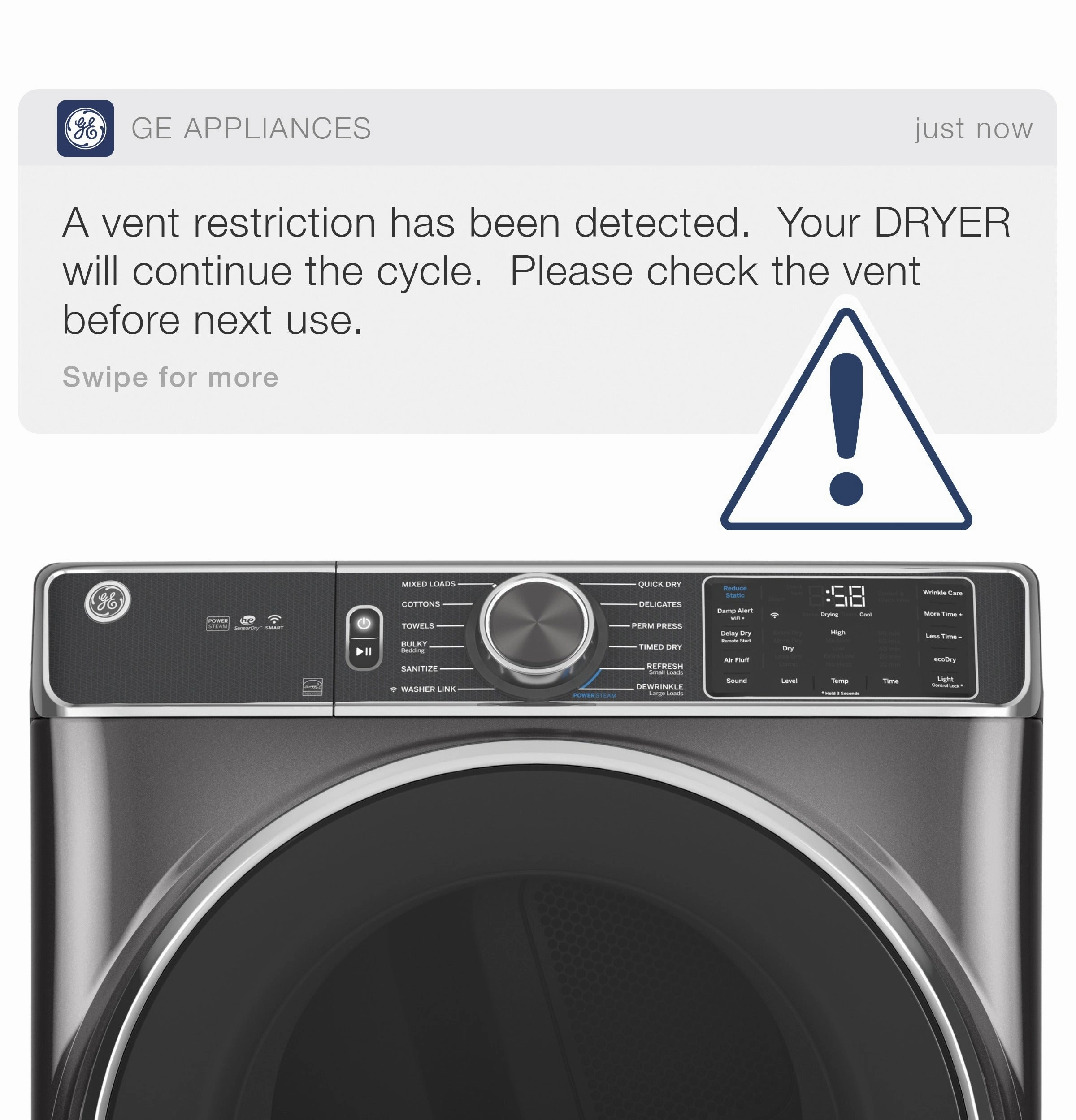 GE(R) ENERGY STAR(R) 7.8 cu. ft. Capacity Smart Front Load Electric Dryer with Steam and Sanitize Cycle - (GFD65ESPVDS)