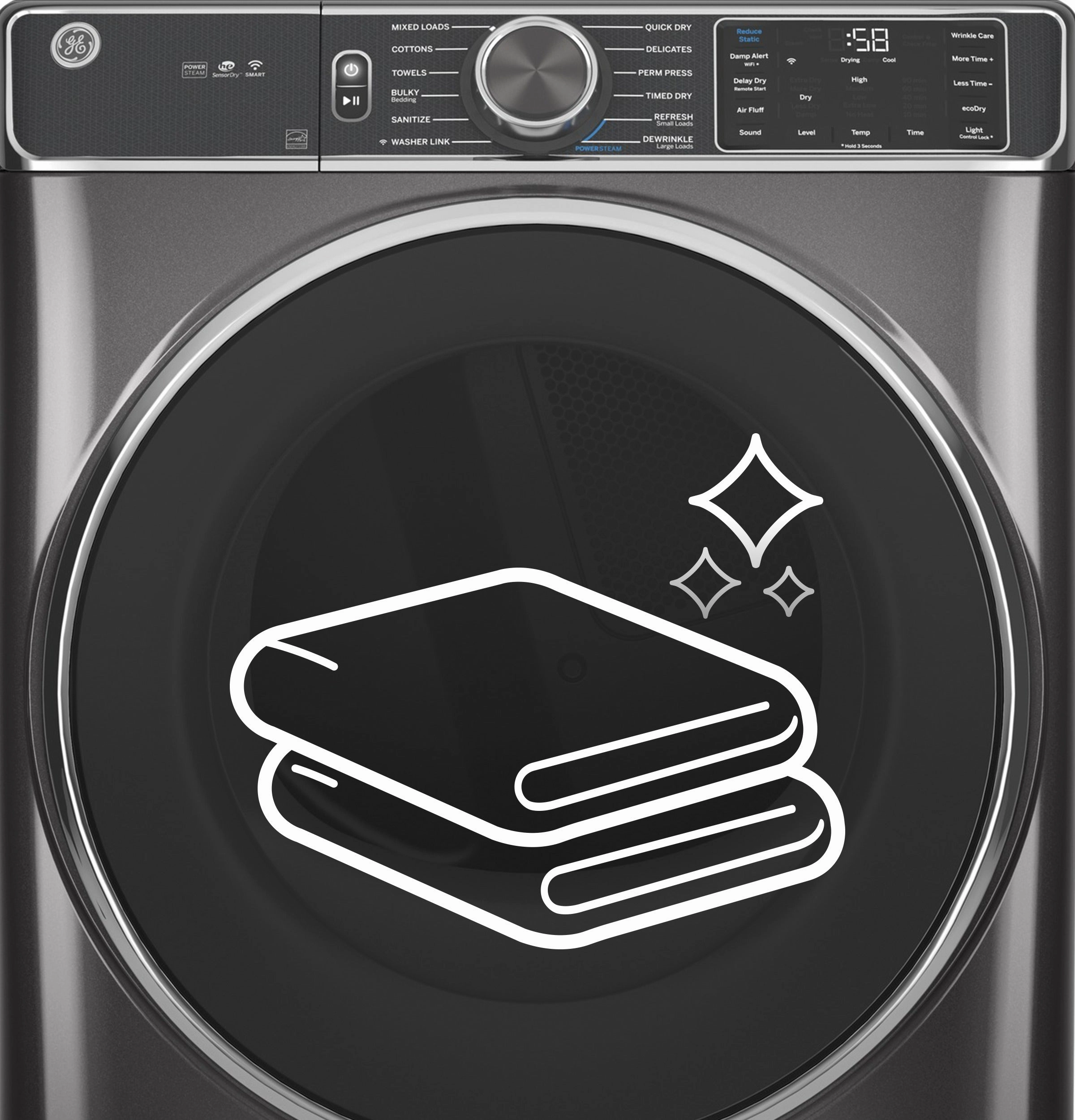 GE(R) ENERGY STAR(R) 7.8 cu. ft. Capacity Smart Front Load Gas Dryer with Steam and Sanitize Cycle - (GFD65GSPVDS)