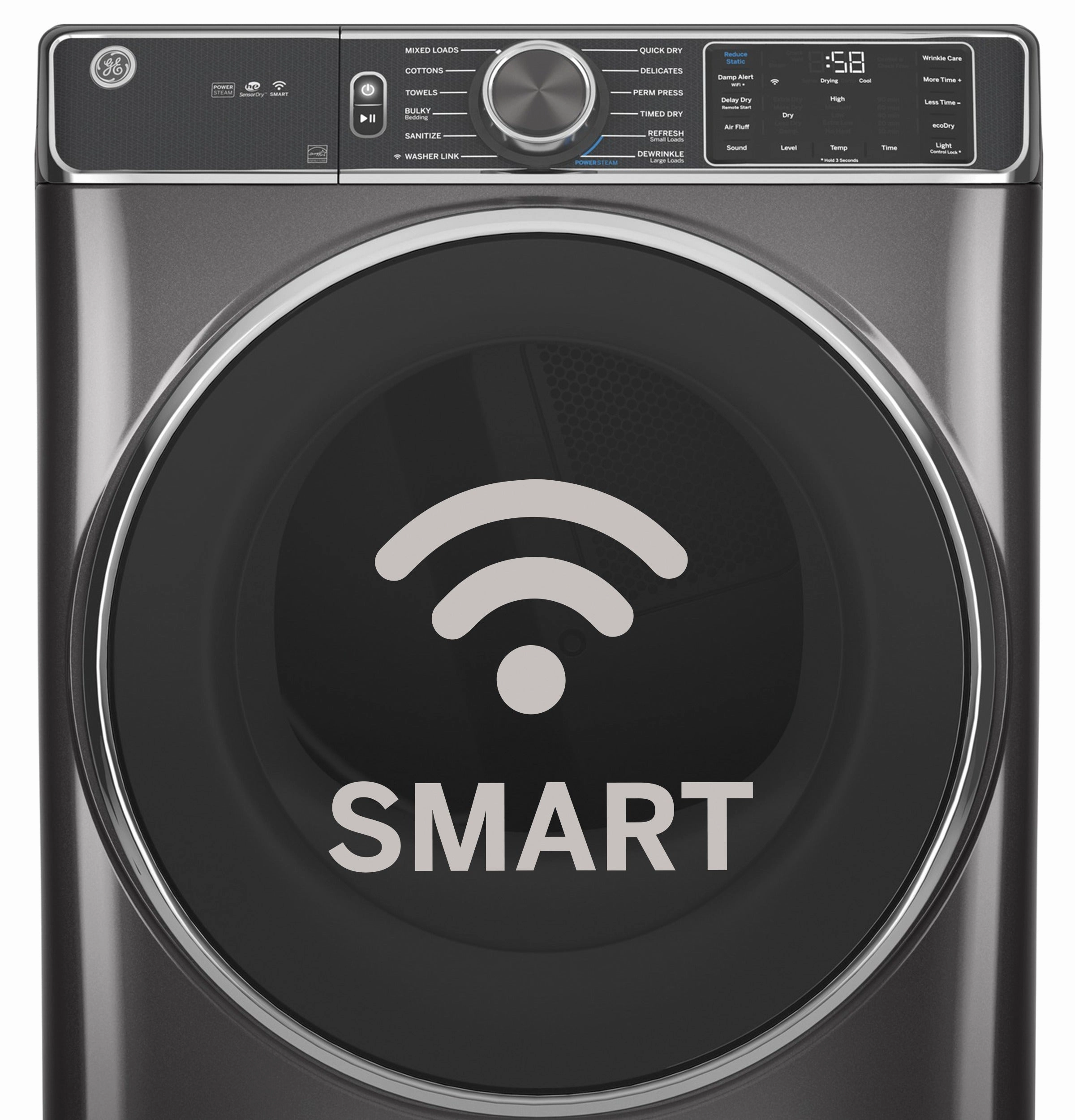 GE(R) ENERGY STAR(R) 7.8 cu. ft. Capacity Smart Front Load Gas Dryer with Steam and Sanitize Cycle - (GFD65GSSVWW)