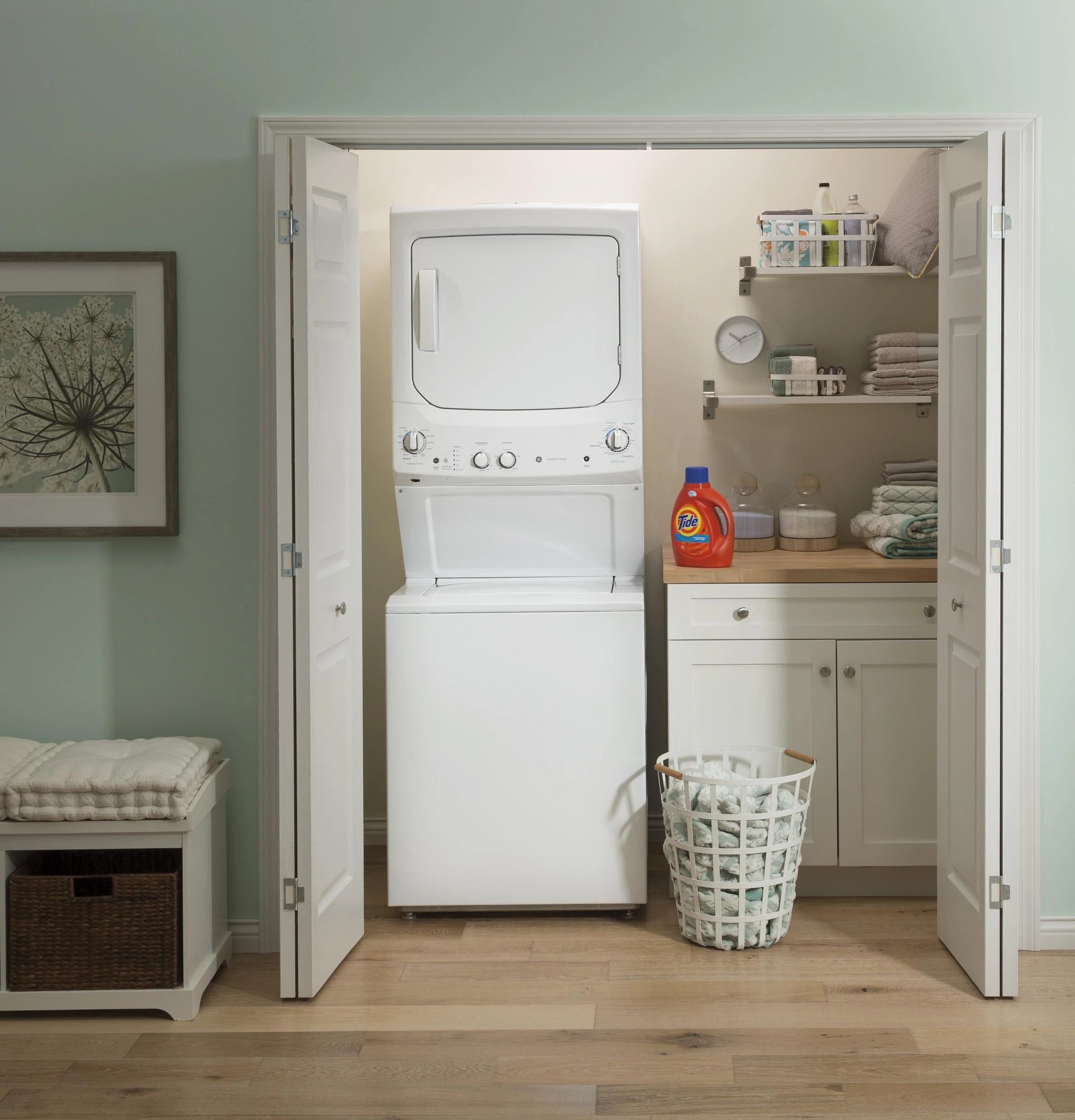 GE Unitized Spacemaker(R) 3.8 cu. ft. Capacity Washer with Stainless Steel Basket and 5.9 cu. ft. Capacity Electric Dryer - (GUD27ESSMWW)