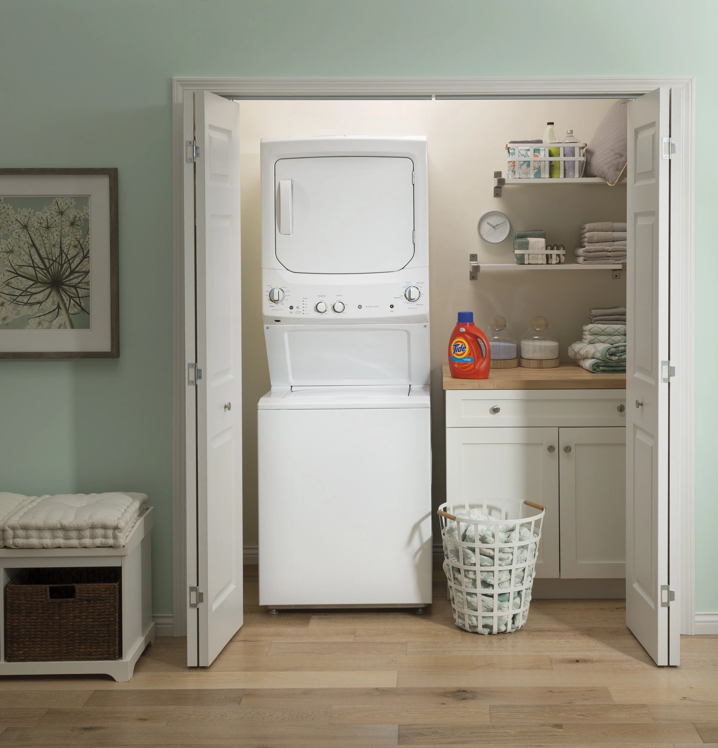 GE Unitized Spacemaker(R) 3.8 cu. ft. Capacity Washer with Stainless Steel Basket and 5.9 cu. ft. Capacity Long Vent Electric Dryer - (GUV27ESSMWW)