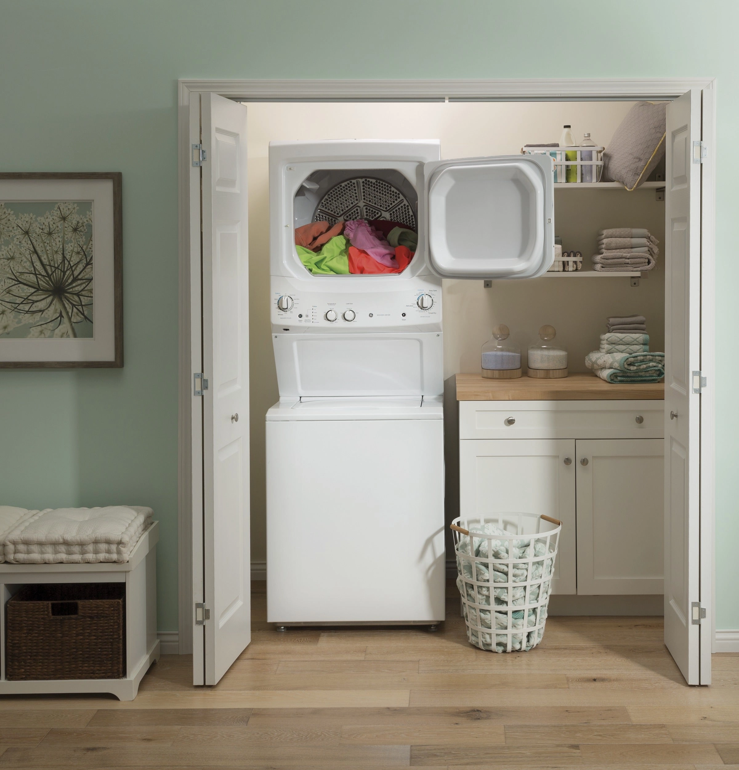 GE Unitized Spacemaker(R) 3.8 cu. ft. Capacity Washer with Stainless Steel Basket and 5.9 cu. ft. Capacity Long Vent Electric Dryer - (GUV27ESSMWW)
