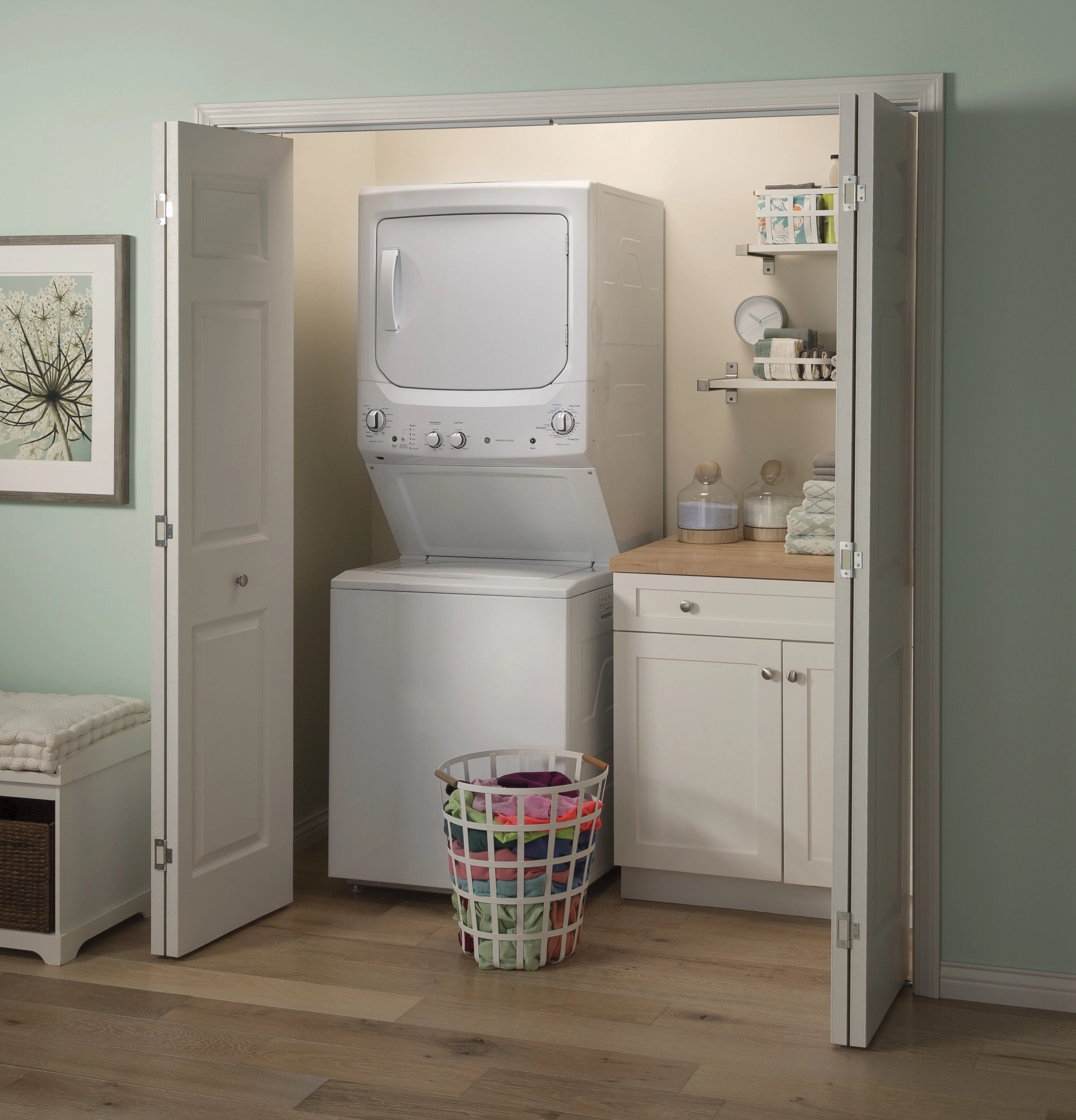 GE Unitized Spacemaker(R) 3.8 cu. ft. Capacity Washer with Stainless Steel Basket and 5.9 cu. ft. Capacity Long Vent Electric Dryer - (GUV27ESSMWW)