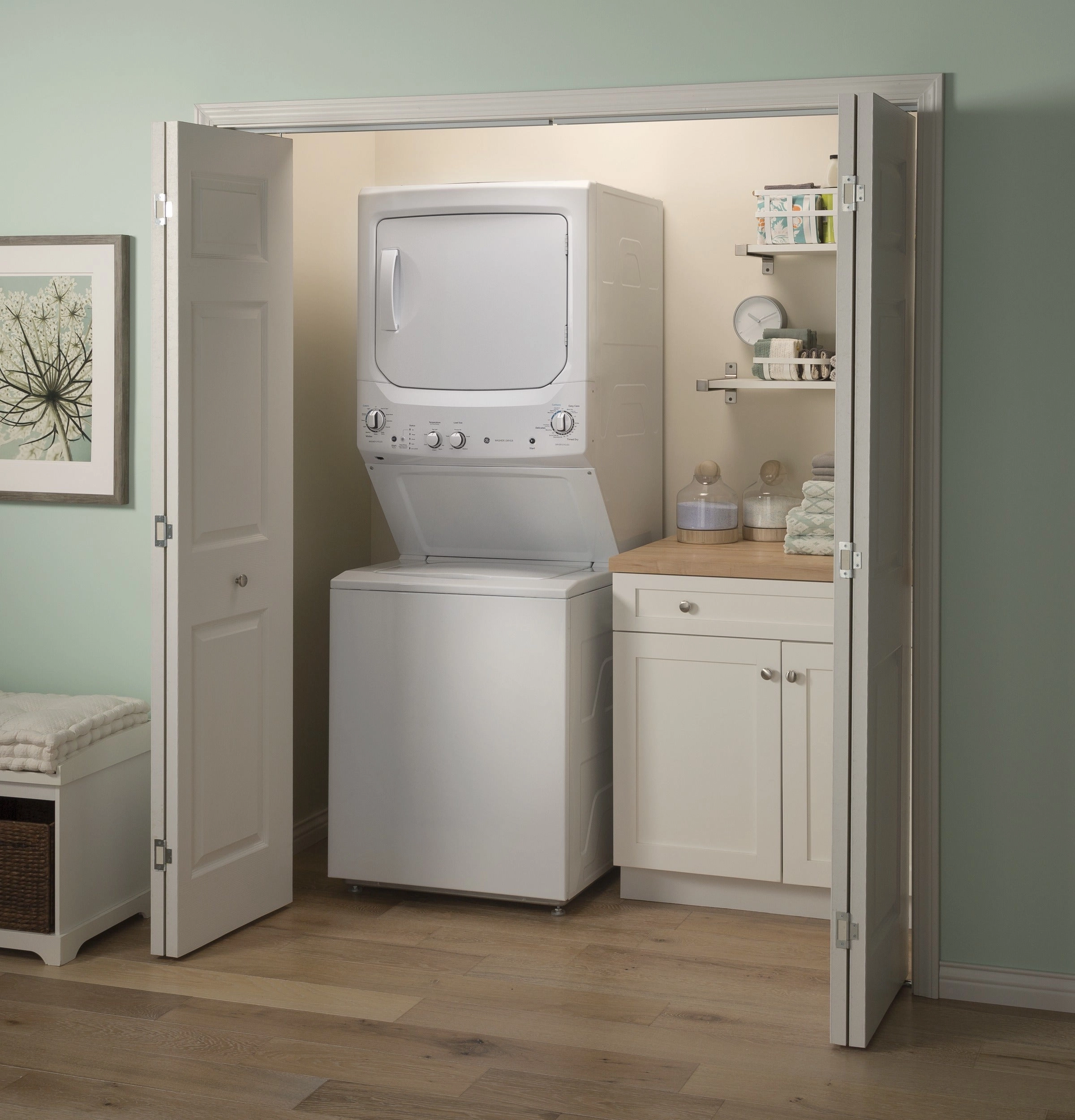 GE Unitized Spacemaker(R) 3.8 cu. ft. Capacity Washer with Stainless Steel Basket and 5.9 cu. ft. Capacity Long Vent Electric Dryer - (GUV27ESSMWW)