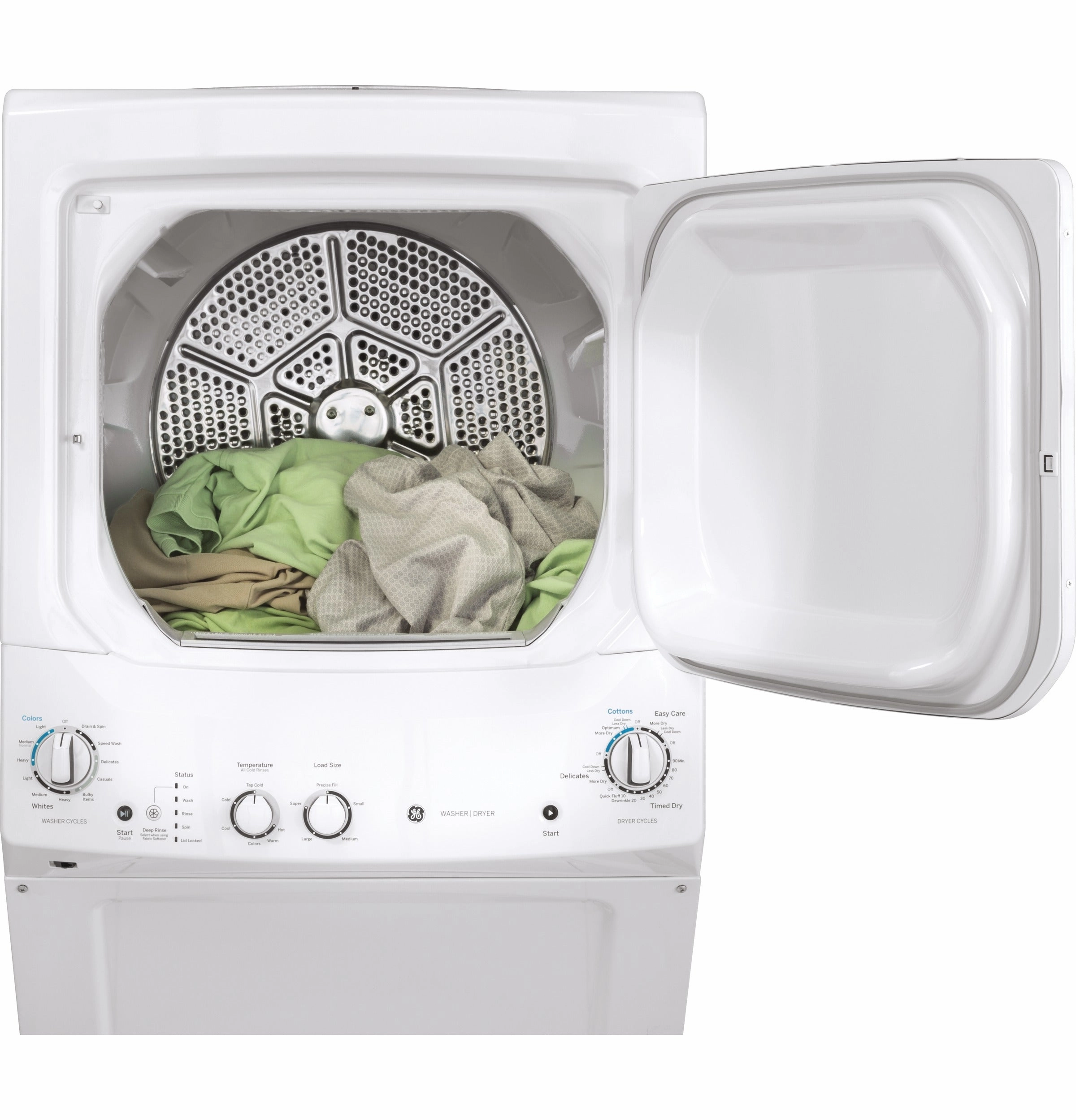 GE Unitized Spacemaker(R) 3.8 cu. ft. Capacity Washer with Stainless Steel Basket and 5.9 cu. ft. Capacity Long Vent Electric Dryer - (GUV27ESSMWW)