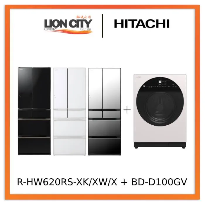 Hitachi R-HW620RS-XK/XW/X 416l Multi-door Fridge Hitachi BD-D100GV Front Load Washer Dryer Wind Iron, AI Wash Inverter 10/7KG