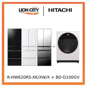 Hitachi R-HW620RS-XK/XW/X 416l Multi-door Fridge Hitachi BD-D100GV Front Load Washer Dryer Wind Iron, AI Wash Inverter 10/7KG