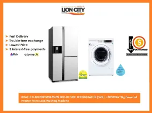 HITACHI R-MX700PMS0-MGW SIDE-BY-SIDE REFRIGERATOR (569L)   BD90YAV 9kg Powered Inverter Front Load Washing Machine