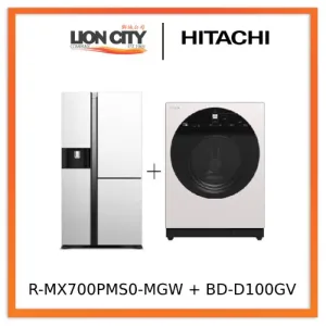 Hitachi R-MX700PMS0-MGW Side-by-side Refrigerator (569L)   Hitachi BD-D100GV Front Load Washer Dryer Wind Iron, AI Wash Inverter 10/7KG