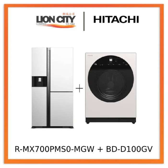 Hitachi R-MX700PMS0-MGW Side-by-side Refrigerator (569L)   Hitachi BD-D100GV Front Load Washer Dryer Wind Iron, AI Wash Inverter 10/7KG