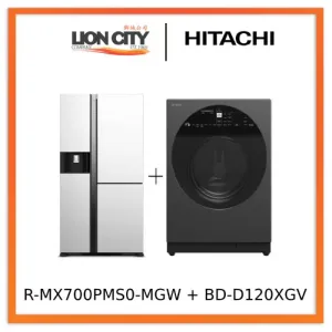 Hitachi R-MX700PMS0-MGW Side-by-side Refrigerator (569L)   Hitachi BD-D120XGV Front Load Washer Dryer 12/8KG