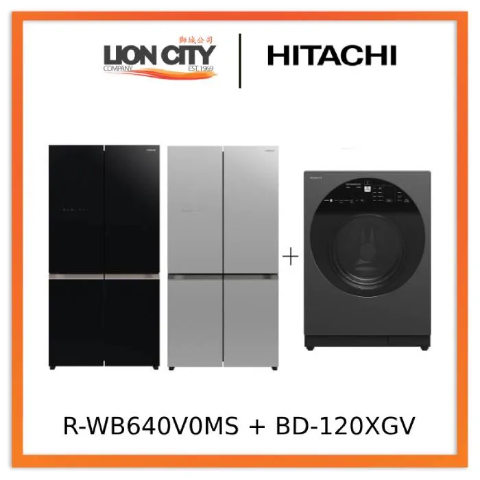 Hitachi R-WB640V0MS - GBK/GS French Bottom Freezer Deluxe 569L   Hitachi BD-120XGV Front Load Washer AI Wash, Auto Dosing System, Inverter 12 kg, 1,600 RPM