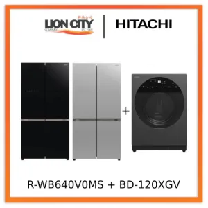 Hitachi R-WB640V0MS - GBK/GS French Bottom Freezer Deluxe 569L   Hitachi BD-120XGV Front Load Washer AI Wash, Auto Dosing System, Inverter 12 kg, 1,600 RPM
