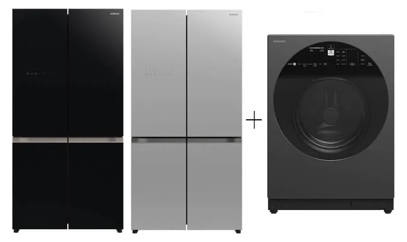 Hitachi R-WB640V0MS - GBK/GS French Bottom Freezer Deluxe 569L   Hitachi BD-120XGV Front Load Washer AI Wash, Auto Dosing System, Inverter 12 kg, 1,600 RPM