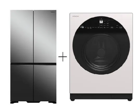 Hitachi R-WB640V0MSX 541L 4 Door Fridge (Bottom Freezer)   Hitachi BD-D100GV Front Load Washer Dryer Wind Iron, AI Wash Inverter 10/7KG