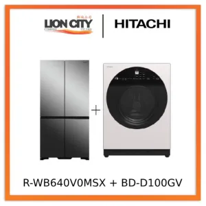 Hitachi R-WB640V0MSX 541L 4 Door Fridge (Bottom Freezer)   Hitachi BD-D100GV Front Load Washer Dryer Wind Iron, AI Wash Inverter 10/7KG