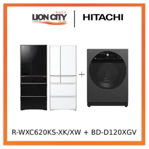 Hitachi R-WXC620KS-XK/XW (Crystal White) Multi Door Refrigerator (500l) Hitachi BD-D120XGV Front Load Washer Dryer 12/8KG