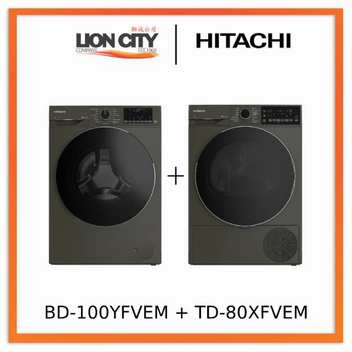 Hitachi BD-100YFVEM Front Loading - Washer Steam & Hygiene Easy Iron Inverter   Hitachi TD-80XFVEM Tumble Dryer