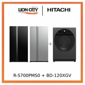 Hitachi R-S700PMS0-GBK/GS 595l Side-by-side Fridge (2 Ticks)   Hitachi BD-120XGV Front Load Washer AI Wash, Auto Dosing System, Inverter 12 kg, 1,600 RPM
