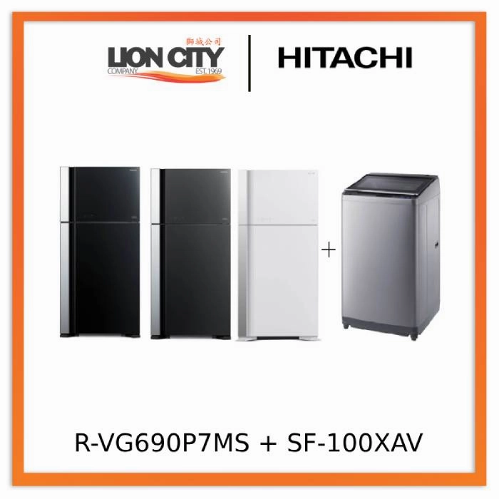 Hitachi R-VG690P7MS - GBK/GGR/GPW 550L Top Freezer Fridge   Hitachi SF-100XAV 10kg Top Load with Glass Top Washing Machine
