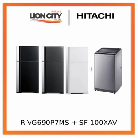 Hitachi R-VG690P7MS - GBK/GGR/GPW 550L Top Freezer Fridge   Hitachi SF-100XAV 10kg Top Load with Glass Top Washing Machine