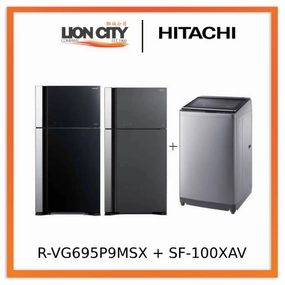 Hitachi R-VG695P9MSX - GBK / GGR BIG-2 Glass Door Inverter Refrigerator   Hitachi SF-100XAV 10kg Top Load with Glass Top Washing Machine