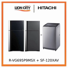 Hitachi R-VG695P9MSX - GBK / GGR BIG-2 Glass Door Inverter Refrigerator   Hitachi SF-120XAV 12kg Top Load with Glass Top Washing Machine