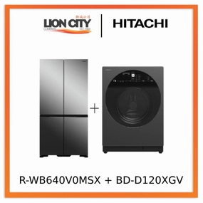 Hitachi R-WB640V0MSX 541L 4 Door Fridge (Bottom Freezer)   Hitachi BD-D120XGV Front Load Washer Dryer 12/8KG