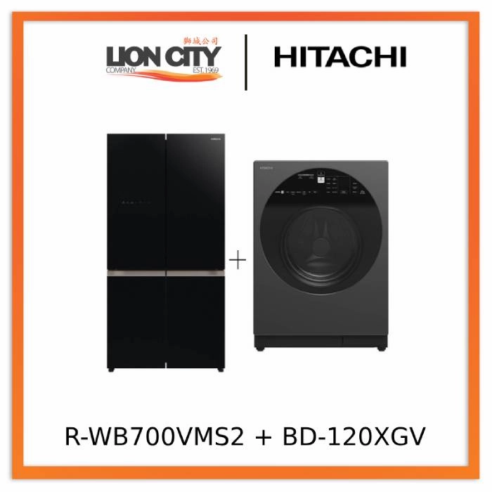 Hitachi R-WB700VMS2-GBK 645L French Bottom Freezer Deluxe 4-Door Refrigerator   Hitachi BD-120XGV Front Load Washer AI Wash, Auto Dosing System, Inverter 12 kg, 1,600 RPM
