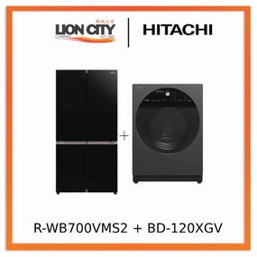 Hitachi R-WB700VMS2-GBK 645L French Bottom Freezer Deluxe 4-Door Refrigerator   Hitachi BD-120XGV Front Load Washer AI Wash, Auto Dosing System, Inverter 12 kg, 1,600 RPM