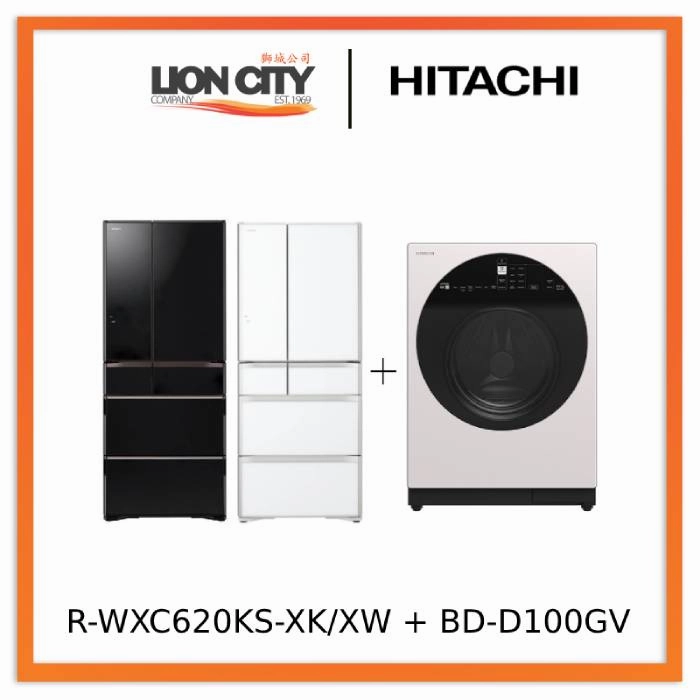 Hitachi R-WXC620KS-XK/XW (Crystal White) Multi Door Refrigerator (500l) Hitachi BD-D100GV Front Load Washer Dryer Wind Iron, AI Wash Inverter 10/7KG