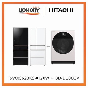 Hitachi R-WXC620KS-XK/XW (Crystal White) Multi Door Refrigerator (500l) Hitachi BD-D100GV Front Load Washer Dryer Wind Iron, AI Wash Inverter 10/7KG