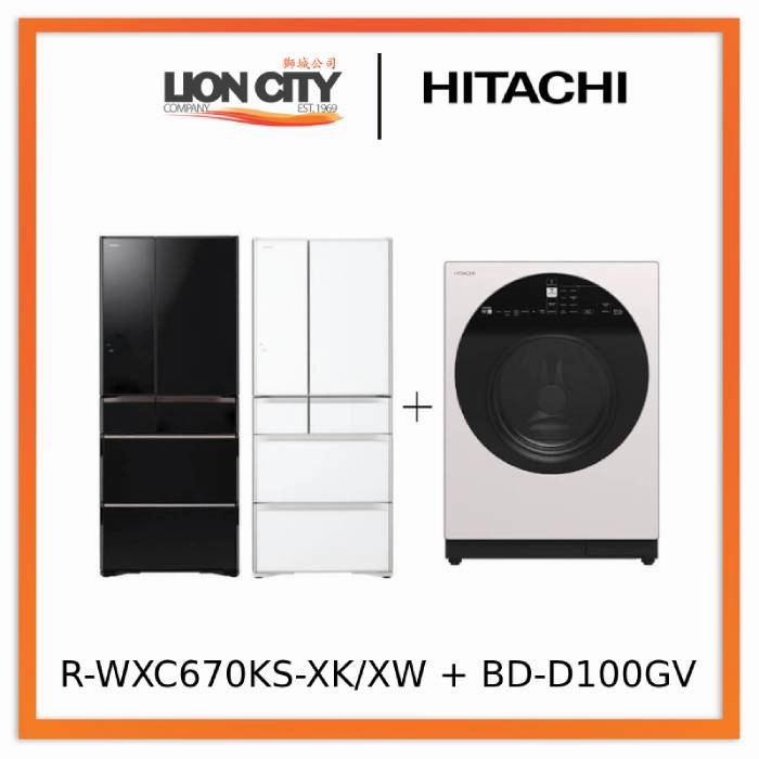 Hitachi R-WXC670KS-XK/XW Multi Door Refrigerator (500l) Hitachi BD-D100GV Front Load Washer Dryer Wind Iron, AI Wash Inverter 10/7KG
