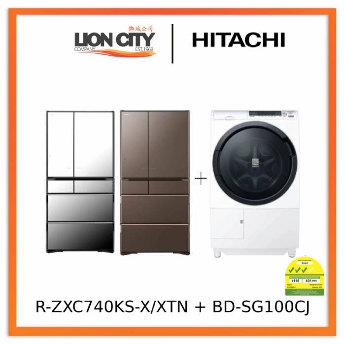 Hitachi R-ZXC740KS-X/XTN 572L Smart Multi-door Fridge Hitachi BD-SG100CJ 10kg Front Load Washer Dryer
