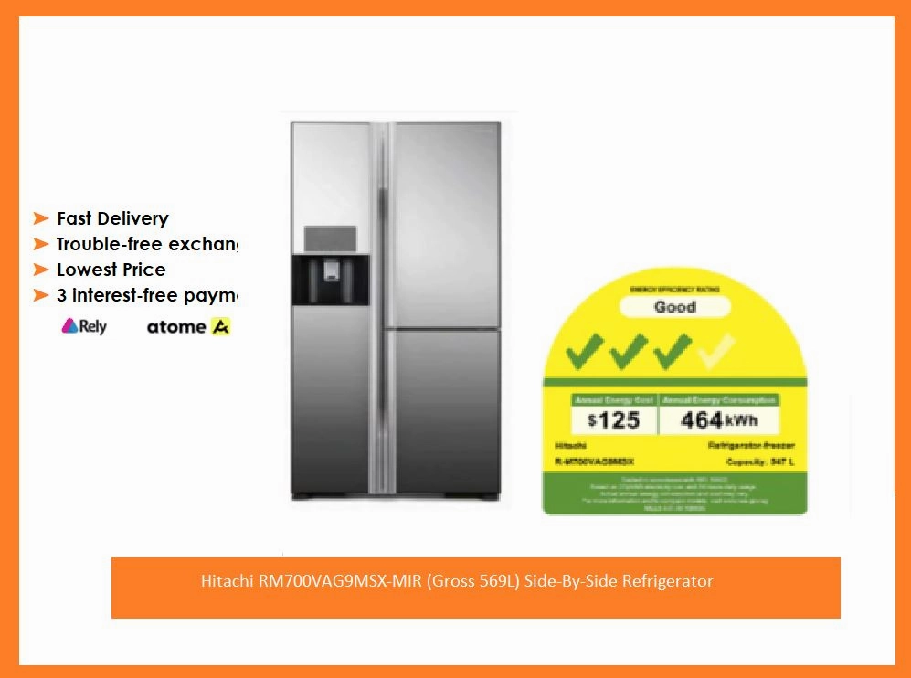 Hitachi RM700VAG9MSX-MIR (Gross 569L) Side-By-Side Refrigerator   BD90YAV 9kg Powered Inverter Front Load Washing Machine